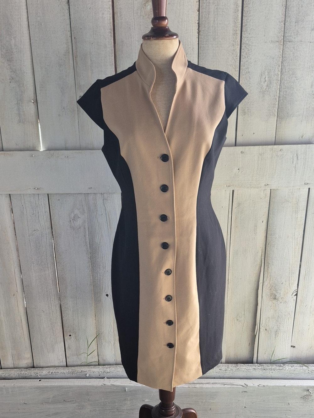 Calvin Klein Beige and Black Panel Button-Front Midi Dress